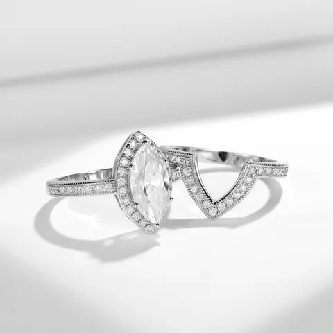 French Vintage Marquise Cut Moissanite Ring Set S925 Sterling Silver White Gold Plated Milgrain Band For Women Jewelry