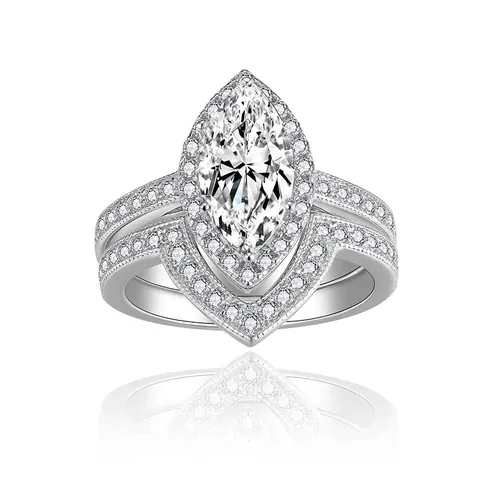 French Vintage Marquise Cut Moissanite Ring Set S925 Sterling Silver White Gold Plated Milgrain Band For Women Jewelry