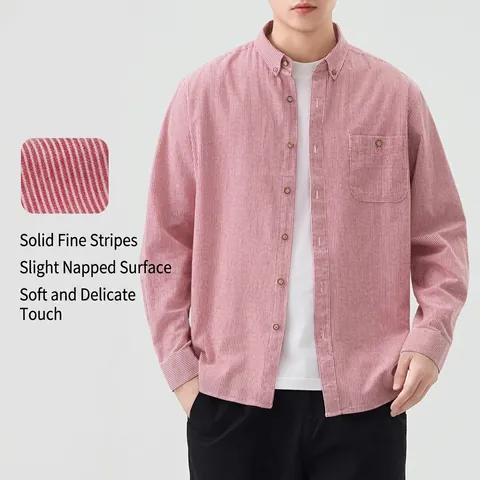 Men Casual Striped Long Sleeve Cotton Shirt Japanese Style Slim Fit Sand-washed Embroidery Pocket Top For Daily Office Wear