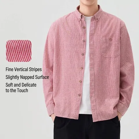 Men Casual Striped Long Sleeve Cotton Shirt Japanese Style Slim Fit Sand-washed Embroidery Pocket Top For Daily Office Wear