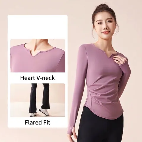 Damen V-Ausschnitt Gerafftes Langarm Top Und Schlaghose Yoga Set Einfarbig Schmale Passform Sportliche Sportbekleidung Fitnessanzug
