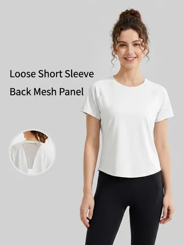 Women Spring Summer Mesh Stitching Short Sleeve Top And High Waist Slimming Yoga Leggings Casual Sports Top And Bottom