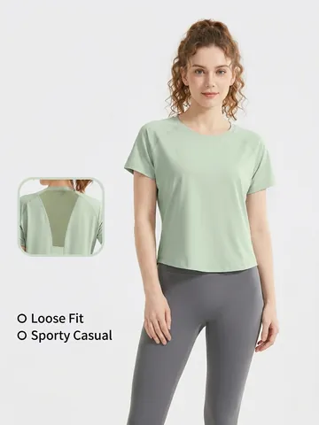 Women Spring Summer Mesh Stitching Short Sleeve Top And High Waist Slimming Yoga Leggings Casual Sports Top And Bottom