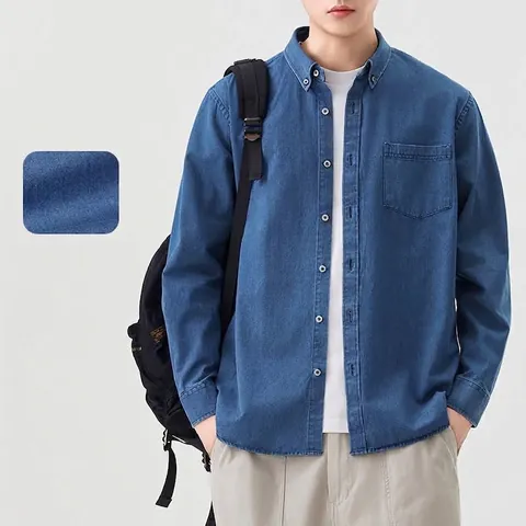 Heren Japanse Casual 100% Katoen Denim Lange Mouw Overhemd Slim Fit Geknoopt Gewassen Denim Top Met Zak