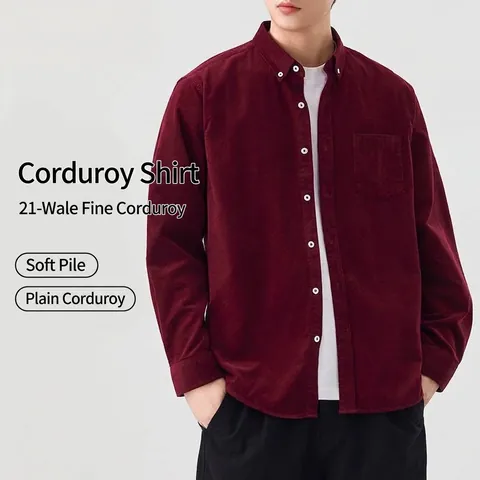 Camisa de Pana de Algodón Vintage para Hombre Manga Larga Color Sólido Ajuste Regular Camisa Casual Primavera Otoño