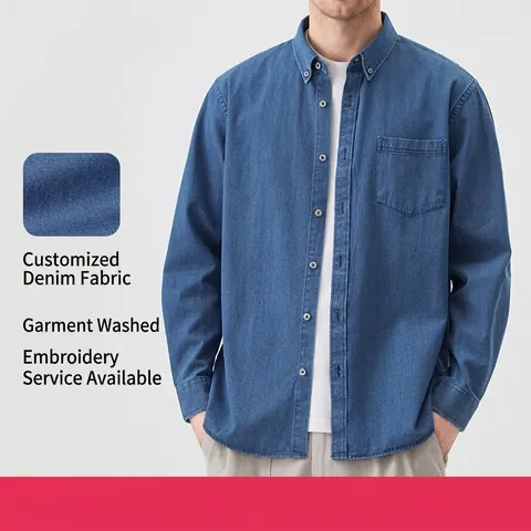 Heren Japanse Casual 100% Katoen Denim Lange Mouw Overhemd Slim Fit Geknoopt Gewassen Denim Top Met Zak