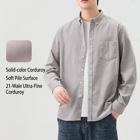 Camisa de Pana de Algodón Vintage para Hombre Manga Larga Color Sólido Ajuste Regular Camisa Casual Primavera Otoño