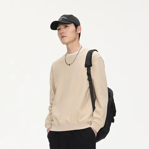 Men Minimalist Round Neck Sweatshirt Solid Color Long Sleeve Pullover Slim Fit Casual Top For Spring Winter Brushed Texture