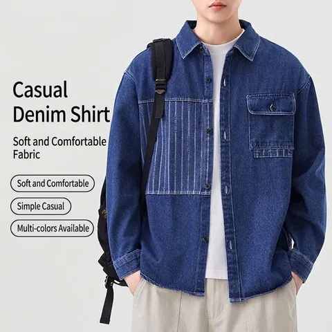 Heren Casual Puur Katoen Denim-Look Overhemd Lange Mouw Vintage Werkkleding Retro Effen Kleur Button Down Overhemd Top
