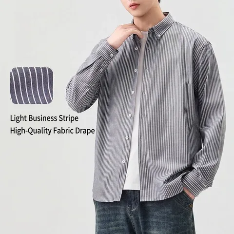 Men Casual Striped Shirt Cotton Blend Long Sleeve Button Down Lapel Top Spring Autumn Fashion Slim Fit Shirt
