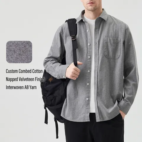 Herren Casual Reine Baumwolle Gebürstetes Hemd Slim Fit Quadratischer Kragen Langarm Button Down Hemd mit Tasche