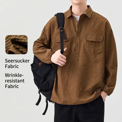 Men Retro Waffle Texture Casual Shirt Half-Placket Long Sleeve Top Loose Fit Wrinkle-Resistant Seersucker Jacket With Double Pockets