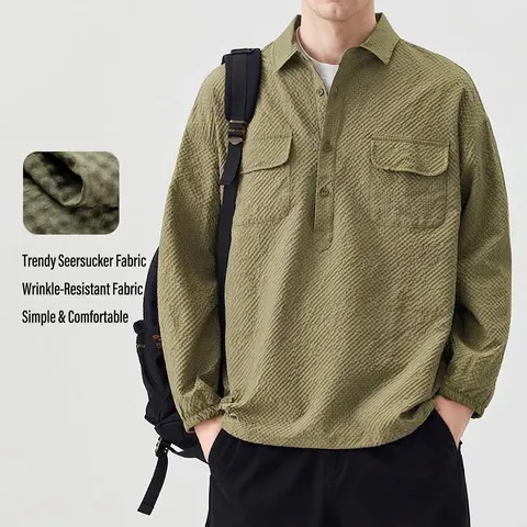 Men Retro Waffle Texture Casual Shirt Half-Placket Long Sleeve Top Loose Fit Wrinkle-Resistant Seersucker Jacket With Double Pockets