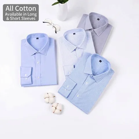 Men Business Non-Iron 100% Cotton Long Sleeve Shirt Formal Dress Shirt Anti-Wrinkle Regular Fit Office Professional Work Top