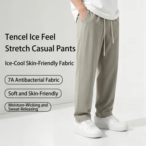 Pantalones Casuales de Seda de Hielo para Hombre Verano Pierna Recta Secado Rápido Deportivos Transpirables con Cordón