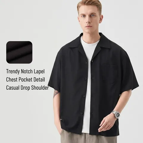 Men's Casual Cuban Collar Short Sleeve Shirt Loose Fit Solid Color Sand-Washed Polyester Rayon Lapel Top with Chest Pocket