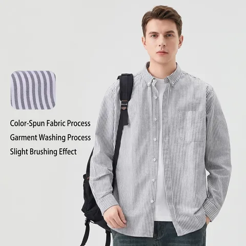Men Casual Long Sleeve Striped Oxford Shirt 100% Cotton Button Down Regular Fit Yarn Dyed Sand Washed Brushed Soft Tops