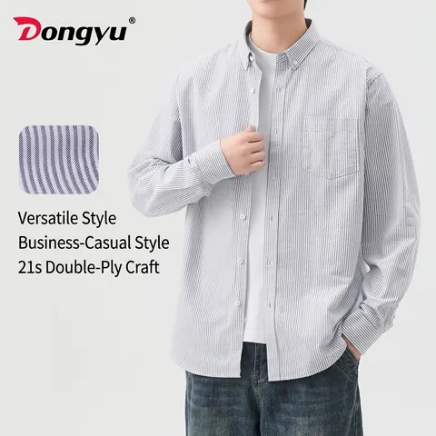 Men Casual 100% Cotton Oxford Striped Long Sleeve Top Japanese Style Regular Fit Business Work Shirt For Men Spring Autumn