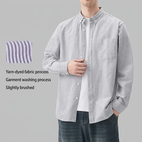 Men Casual Long Sleeve Striped Oxford Shirt 100% Cotton Button Down Regular Fit Yarn Dyed Sand Washed Brushed Soft Tops