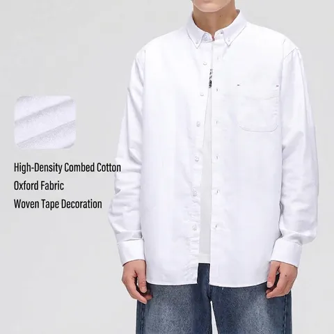 Herren Oxford Baumwolle Langarmhemd Casual Einfarbig Button-Down Top Mit Tasche Lockere Passform Einfach Frühling Herbst Jacke