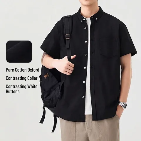 Camicia da Uomo in Stile Giapponese Oxford a Maniche Corte con Bottoni Cotone Minimalista Estiva a Righe Tinta Unita Casual Top