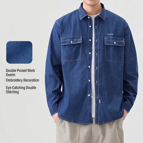 Camicia di Denim da Uomo Casual a Maniche Lunghe Stile Workwear Cotone Vestibilità Regolare Tinta Unita Top con Bottoni