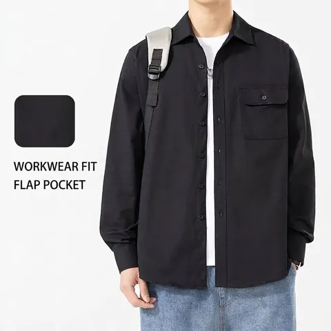 Herren Baumwolle Langarmhemd Casual Workwear Stil mit Pattentasche Einfarbig Button Down Top für Herren