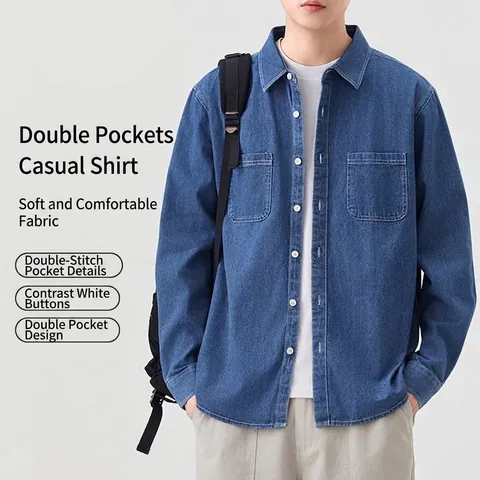 Maglietta da Uomo Casual in Denim a Maniche Lunghe in Puro Cotone con Bottoni e Doppia Tasca e Cuciture a Contrasto