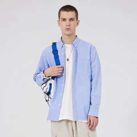 Heren Casual Katoen Oxford Overhemd Lange Mouwen Slim Fit Effen Kleur Japanse Stijl Button Down Heren Top