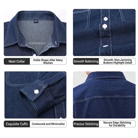 Maglietta da Uomo Casual in Denim a Maniche Lunghe in Puro Cotone con Bottoni e Doppia Tasca e Cuciture a Contrasto