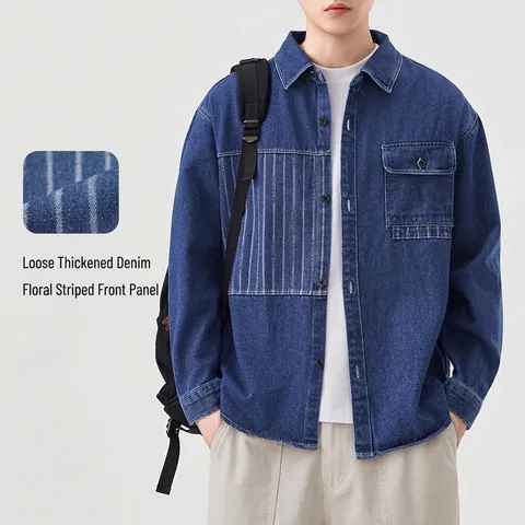 Chaqueta Camisa Vaquera Casual para Hombre Mezcla de Algodón Patchwork Manga Larga con Botones Top Rayado de Bloques de Color para Hombre