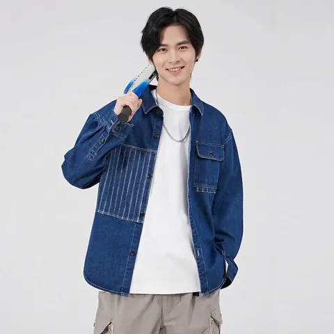 Chaqueta Camisa Vaquera Casual para Hombre Mezcla de Algodón Patchwork Manga Larga con Botones Top Rayado de Bloques de Color para Hombre