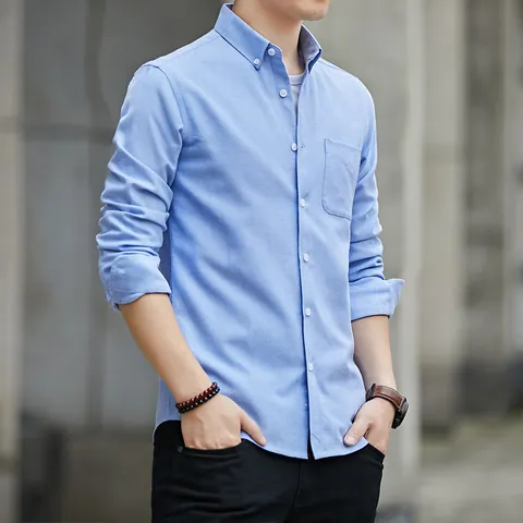 Camisa Oxford de Estilo Urbano para Hombre Manga Larga Mezcla de Algodón Poliéster Slim Fit Botones Top Casual para Oficina