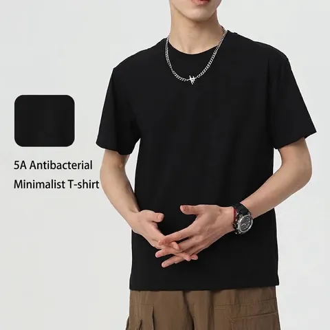 Men Short Sleeve T-Shirt Cotton Blend Antibacterial Sorona Fabric Solid Color Casual Round Neck Basic Undershirt Top