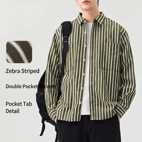 Men Business Casual Long Sleeve Striped Shirt 100% Cotton Regular Fit Double Pocket Shirt With Letter Patch For Office Daily Work