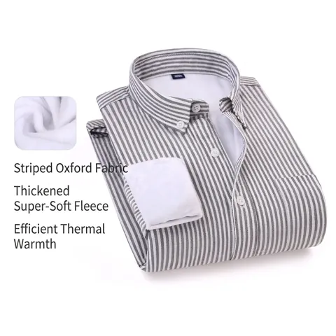 Camicia da Uomo in Oxford a Righe Foderata in Pile Manica Lunga Button Down Cotone Termico Caldo Casual Minimalista Top Inverno