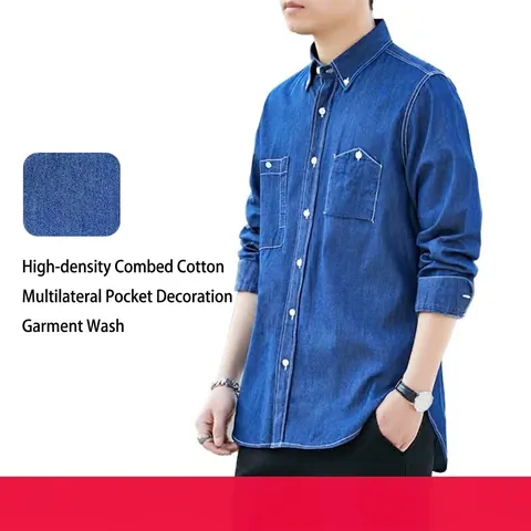 Men American Retro Denim Long Sleeve Shirt Cotton Workwear Style Casual Button Down Blue Top Classic Washed Cotton Shirt