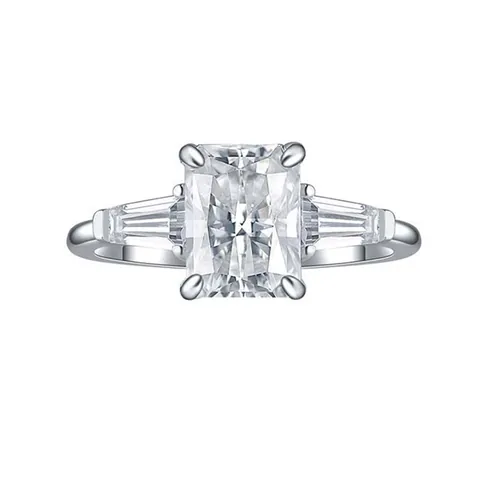 Luxurious Radiant Cut Moissanite Ring 925 Sterling Silver 18K Gold Plated Three Stone Baguette Side Stones Engagement Wedding Jewelry GRA