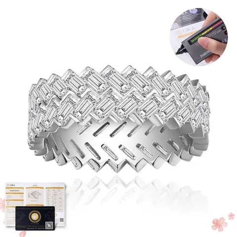 S925 Sterling Silver Moissanite Eternity Ring For Men Women Baguette Cut Full Diamond Minimalist Band GRA