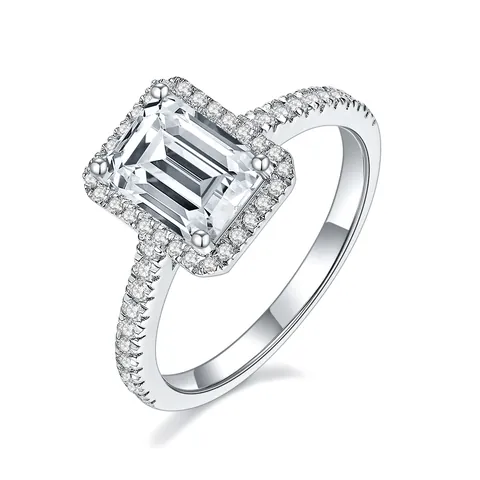 Anillo de Moissanita Corte Esmeralda para Mujer Plata de Ley S925 Anillo de Compromiso Halo Chapado en Oro Blanco de 18K Joyas de Novia Con Certificado GRA