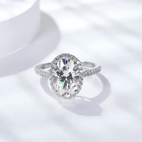 Bague Moissanite en Argent Sterling 925 Taille Ovale pour Femme Plaqué Or 18K Serti Halo Zirconia Bijoux de Mariage GRA