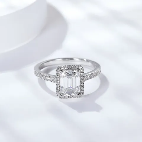 Anillo de Moissanita Corte Esmeralda para Mujer Plata de Ley S925 Anillo de Compromiso Halo Chapado en Oro Blanco de 18K Joyas de Novia Con Certificado GRA