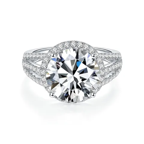 Anillo de Moissanita Redondo Lujoso Certificado GRA Plata de Ley 925 Halo Strass Joyas de Boda Fiesta para Mujeres
