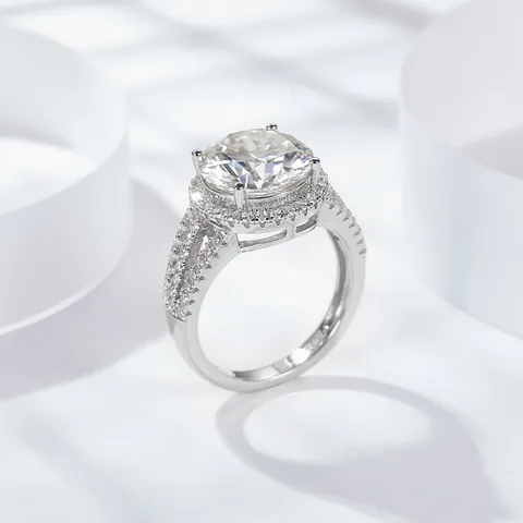Anillo de Moissanita Redondo Lujoso Certificado GRA Plata de Ley 925 Halo Strass Joyas de Boda Fiesta para Mujeres