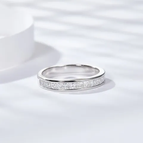 Anillo de Eternidad de Plata de Ley 925 con Moissanita Corte Princesa para Mujer Certificado GRA Alianza Cuadrada Incrustada Joyería Regalo
