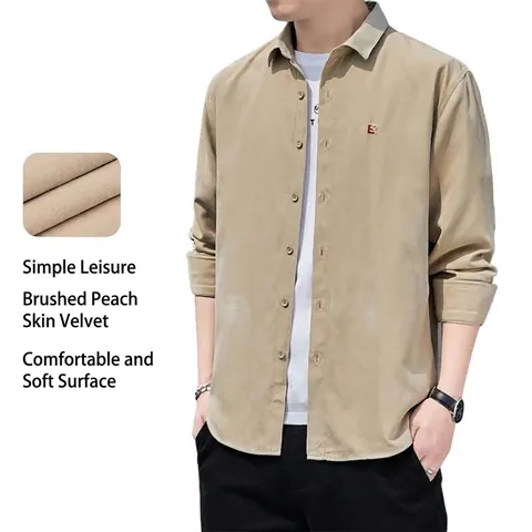 Camicia Casual da Uomo a Maniche Lunghe Tinta Unita in Tessuto Spazzolato Con Ricamo di Lettere per Primavera Autunno