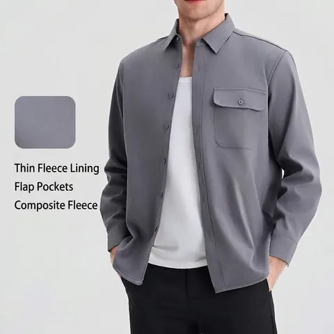 Men Long Sleeve Cotton Fleece Lined Shirt Minimalist Solid Color Button Down Top Casual Jacket Style Warm Winter Shirt
