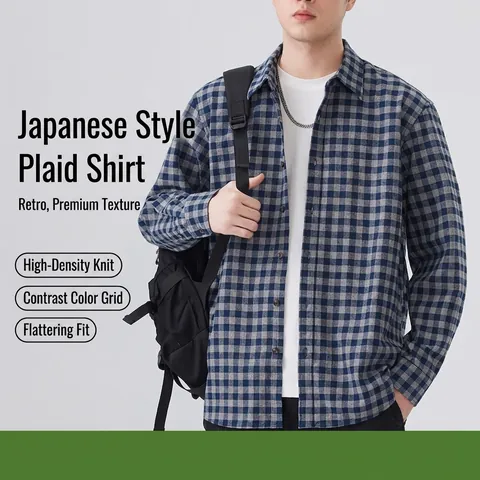 Men's Japanese Casual Plaid Shirt Combed Cotton Long Sleeve Loose Fit Checkered Button Down Shirt Jacket Top For Daily Wear