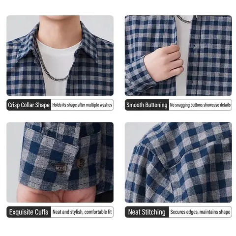 Men's Japanese Casual Plaid Shirt Combed Cotton Long Sleeve Loose Fit Checkered Button Down Shirt Jacket Top For Daily Wear