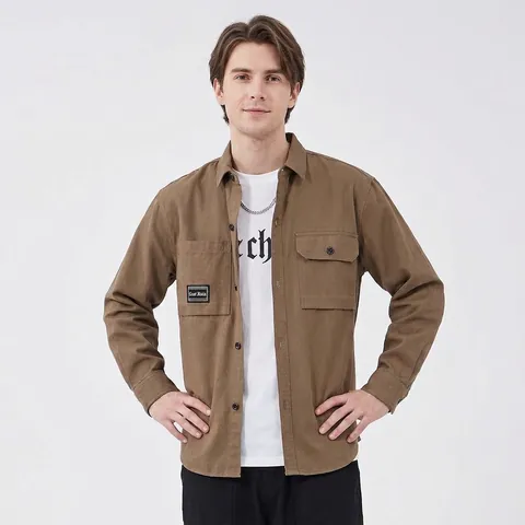 Men's Utility Cotton Casual Shirt Long Sleeve Turn-down Collar Solid Color Sand Washed Loose Fit Jacket Shirt Dual Pockets